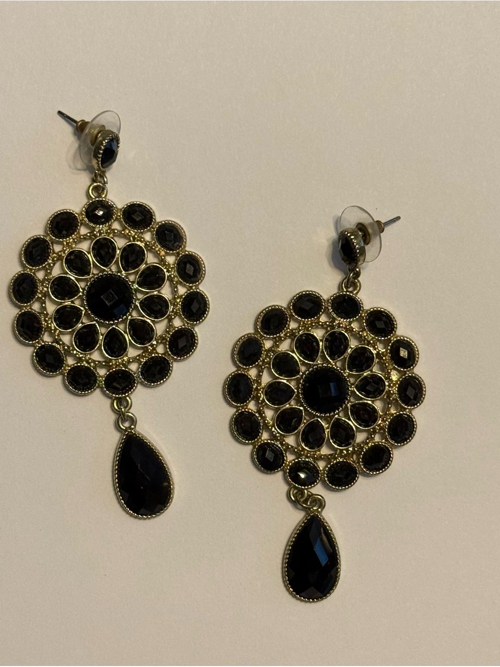 Gold-Tone Black Gem Statement Drop Earrings